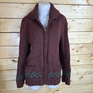 Brown Knit Cardigan with Green Accents